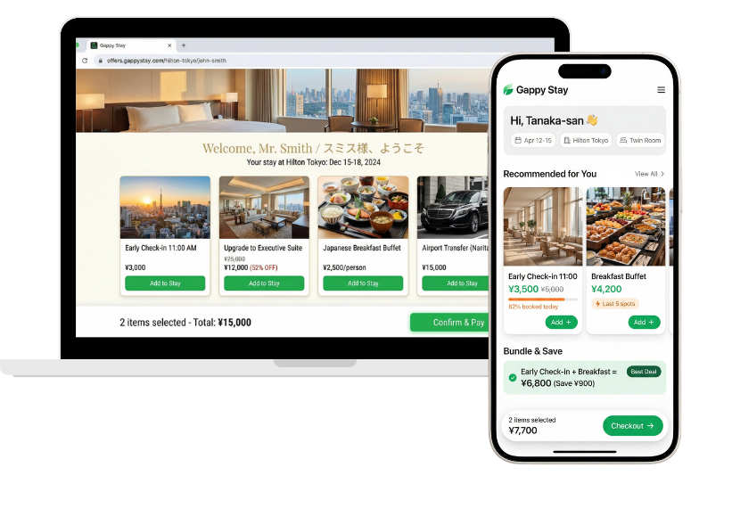 Gappy Stay プロダクトモックアップ：ノートPCとスマホでアップセル提案を表示